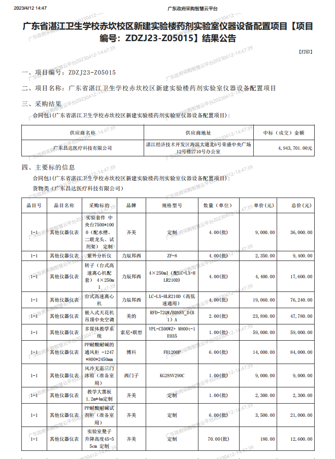 廣東省湛江衛(wèi)生學校赤坎校區(qū)新建實驗樓藥劑實驗室儀器設備配置項目【項目 編號：ZDZJ23-Z05015】結(jié)果公告(圖1)